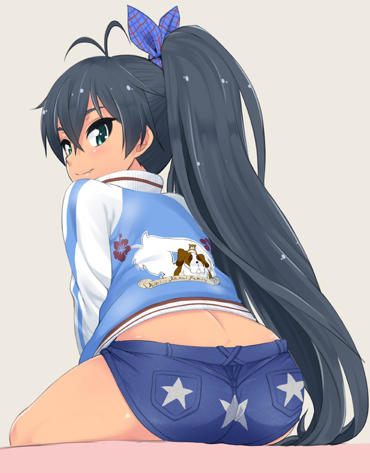 1girl, antenna_hair, aqua_eyes, ass, black_hair, denim, denim_shorts, fang, female_focus, from_behind, ganaha_hibiki, hair_ribbon, hamuzou, idolmaster, idolmaster_(classic), inumi, jacket, letterman_jacket, long_hair, looking_at_viewer, mamezou, ponytail, ribbon, short_shorts, shorts, sitting, solo, st._bernard