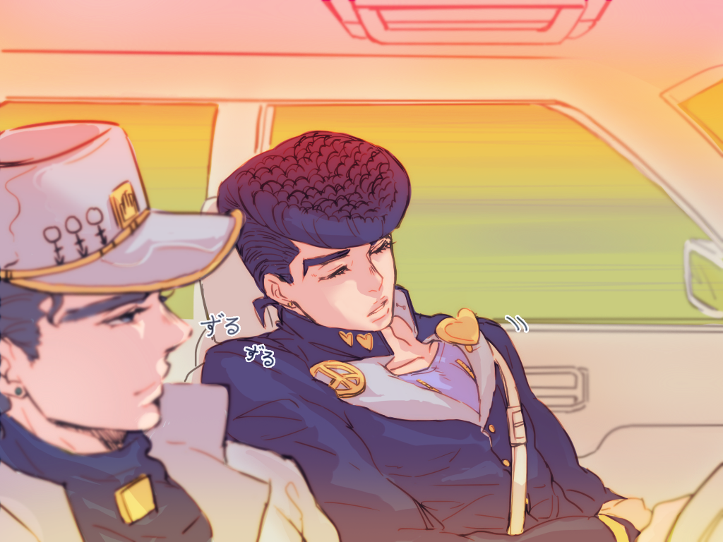 2boys, achi_(chnanc), blue_eyes, blue_hair, blurry, car, car_interior, depth_of_field