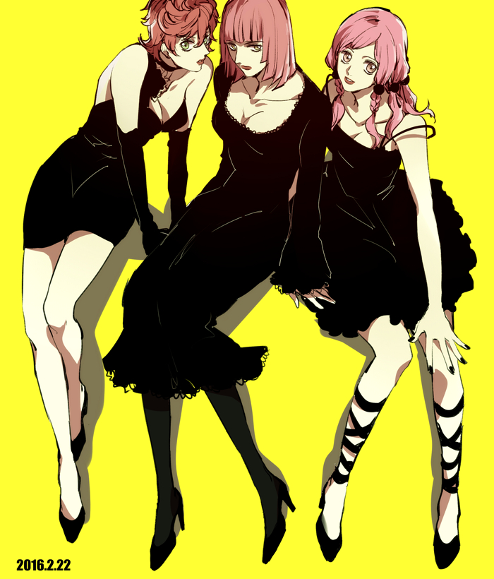 3girls, bad_id, bad_tumblr_id, black_dress, black_gloves, border, braid, breasts