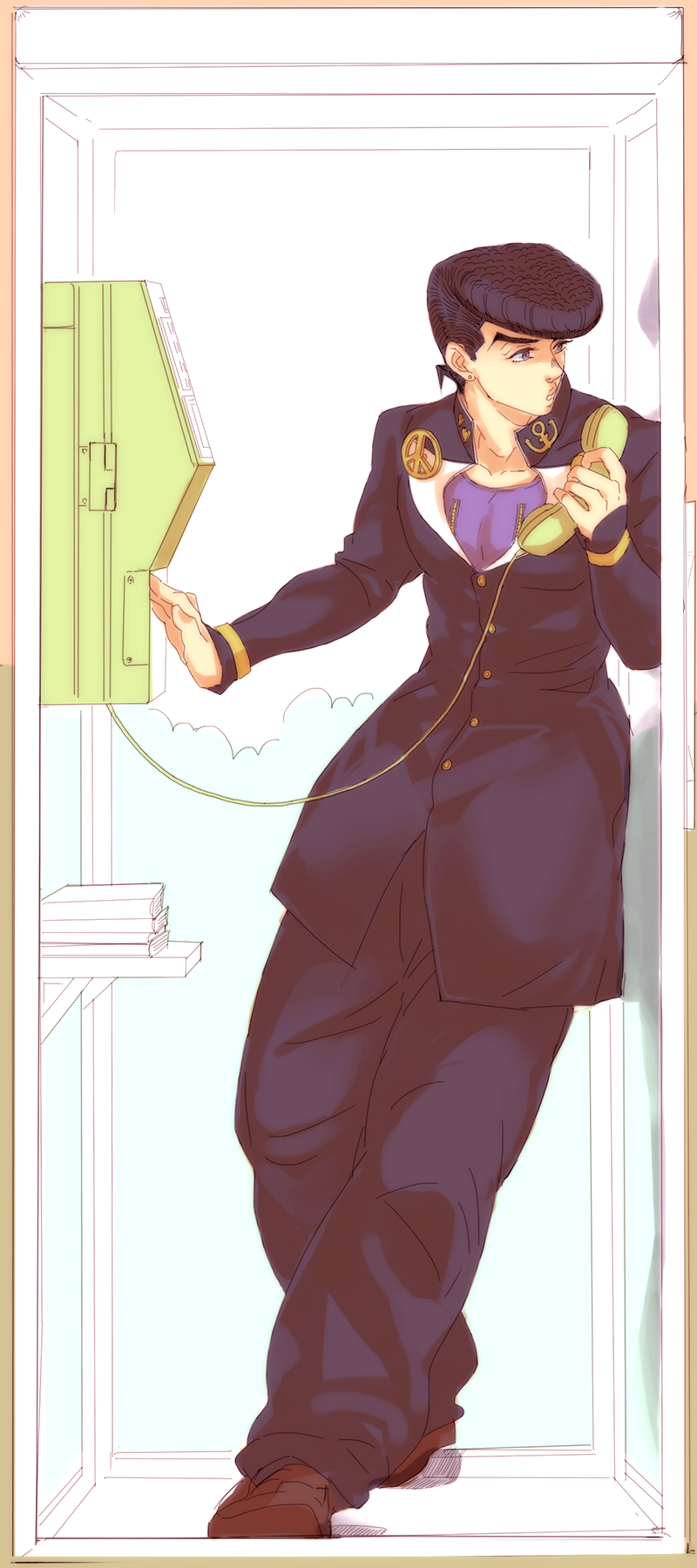 1boy, achi_(chnanc), anchor_symbol, book, earrings, gakuran, heart, higashikata_josuke, highres, holding, jewelry, jojo_no_kimyou_na_bouken, leaning, male_focus, peace_symbol, phone, phone_booth, purple_eyes, purple_hair, school_uniform, solo