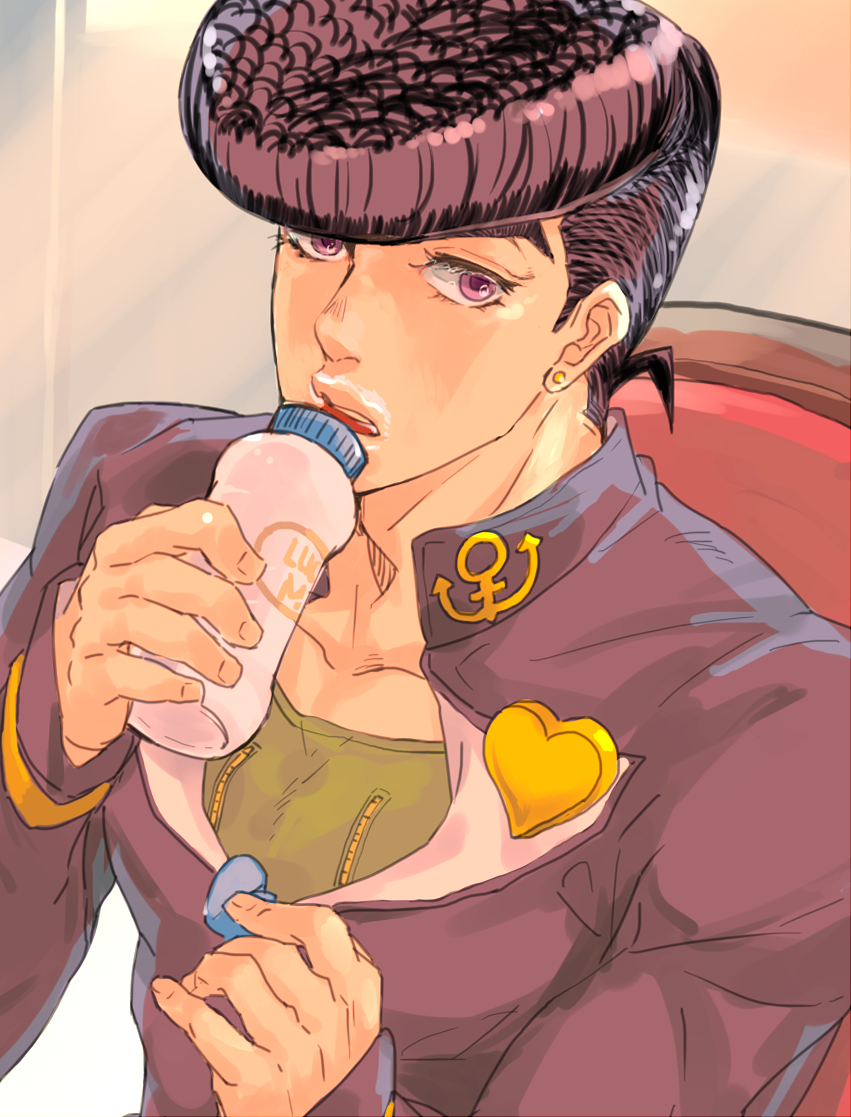 1boy, achi_(chnanc), anchor_symbol, bottle, bottle_cap, collarbone, earrings, gakuran