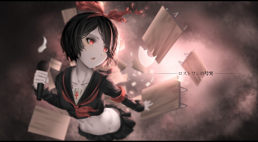 1girl, alternate_eye_color, alternate_hair_color, black_hair, collarbone, crop_top, desk, female_focus