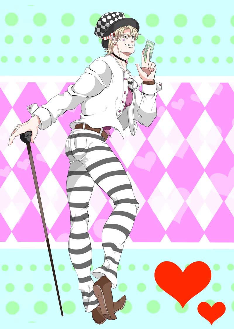 caesar_anthonio_zeppeli, cane, card, facial_mark, hat, holding, holding_card, jojo_no_kimyou_na_bouken, layered_clothes, male_focus, oururi33, pants, solo, striped_clothes, striped_pants, top_hat