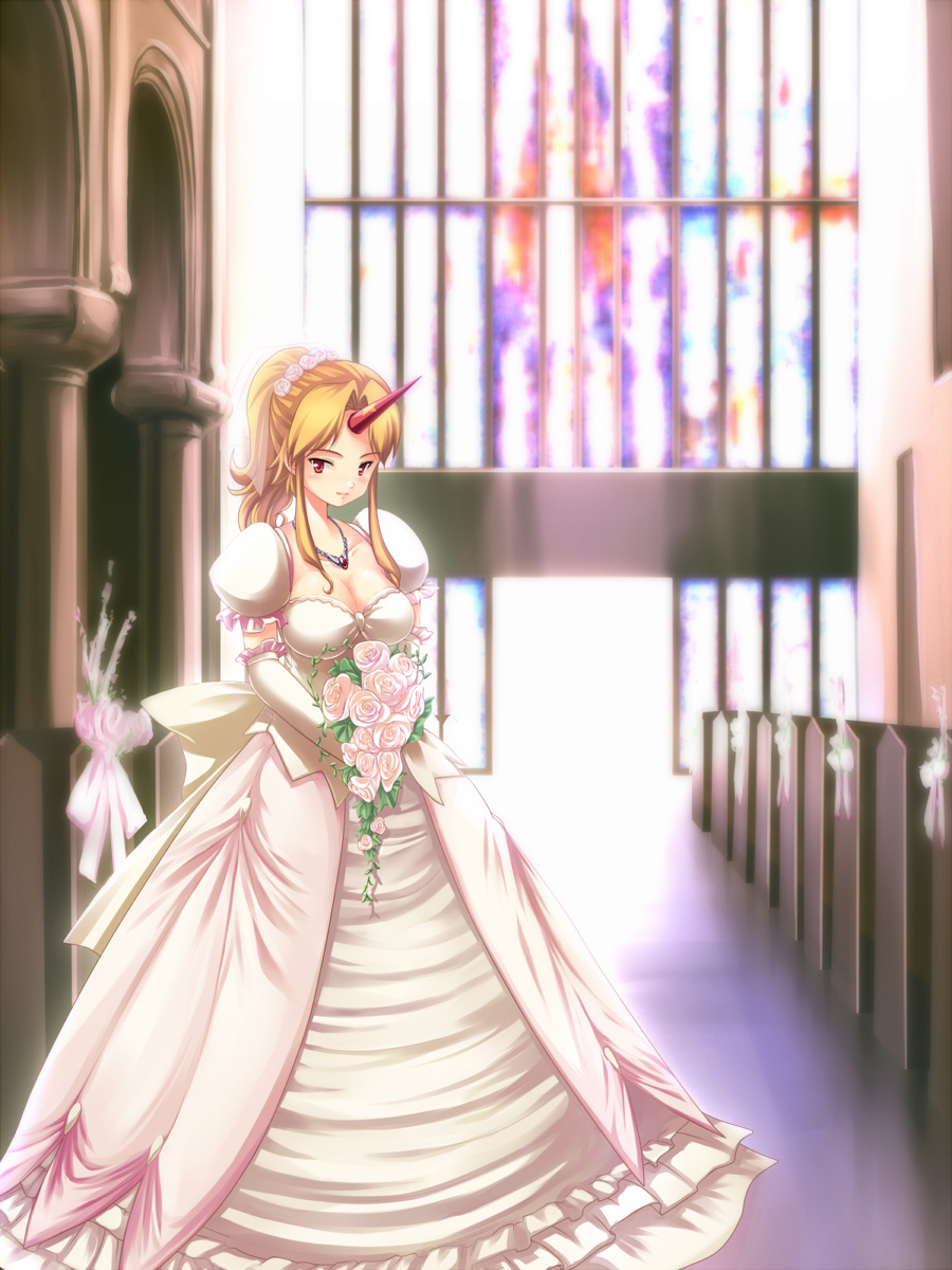 1girl, alternate_hairstyle, blonde_hair, breasts, bride, church, cleavage, dress