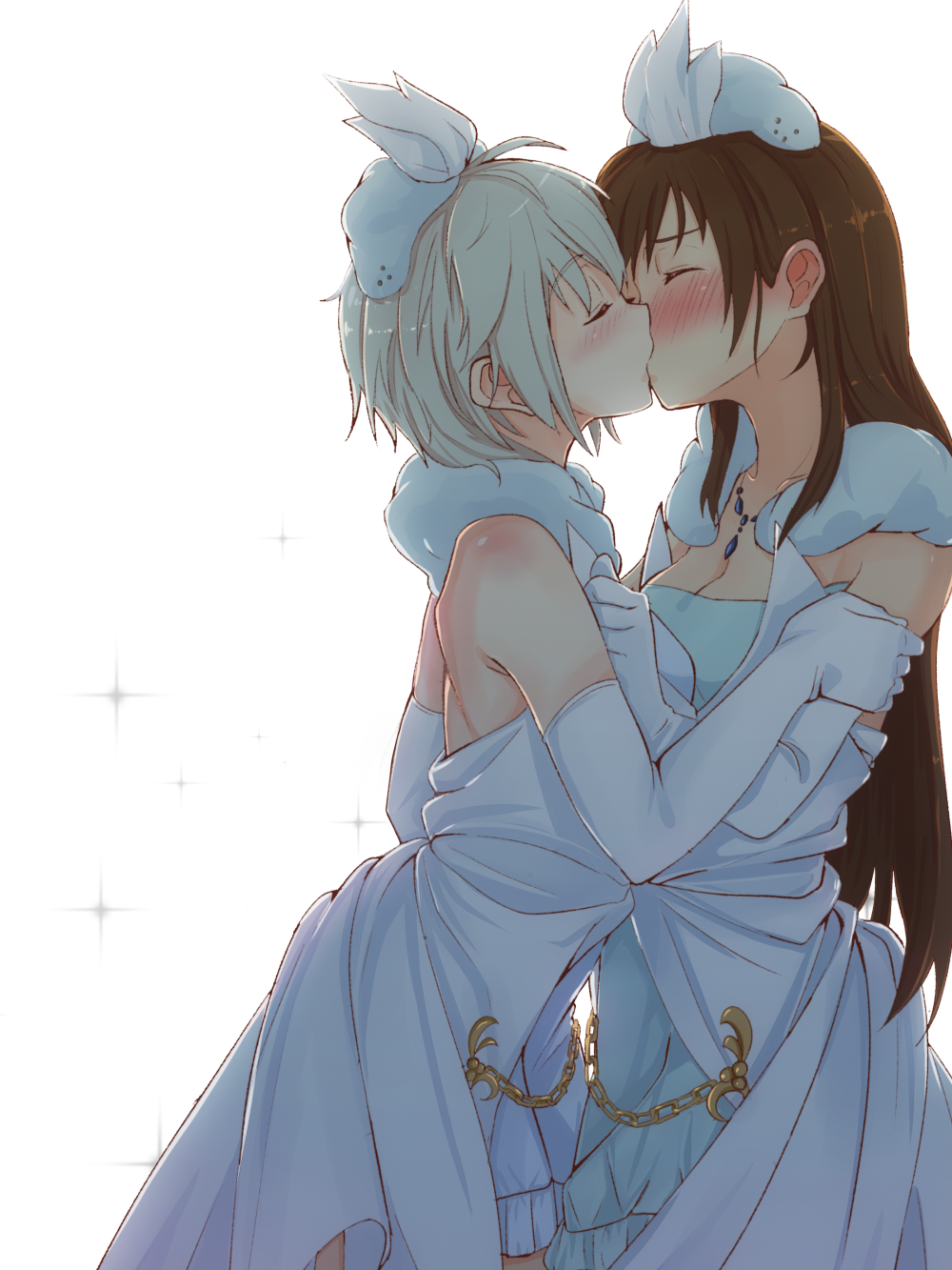 10s, 2girls, anastasia_(idolmaster), backlighting, bare_shoulders, blush, breasts, brown_hair, casino_(casinoep), chain, couple, cowboy_shot, dress, elbow_gloves, closed_eyes, face-to-face, facing_another, from_side, gloves, hand_on_another's_arm, hat, highres, idolmaster, idolmaster_cinderella_girls, jewelry, kiss, long_hair, multiple_girls, necklace, nitta_minami, profile, pure_white_memories, short_hair, silver_hair, strapless, strapless_dress, white_dress, white_gloves, yuri