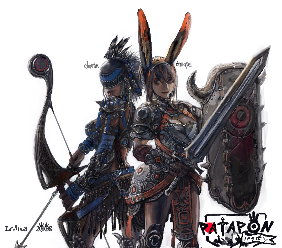 00s, 2008, 2girls, :p, animal_ears, armor, arrow_(projectile), bow, bow_(weapon), brown_hair, chatalaw, copyright_name, dated, multiple_girls, patapon, rabbit_ears, shield, simple_background, sword, tatepon, tongue, tongue_out, weapon, white_background, yumipon