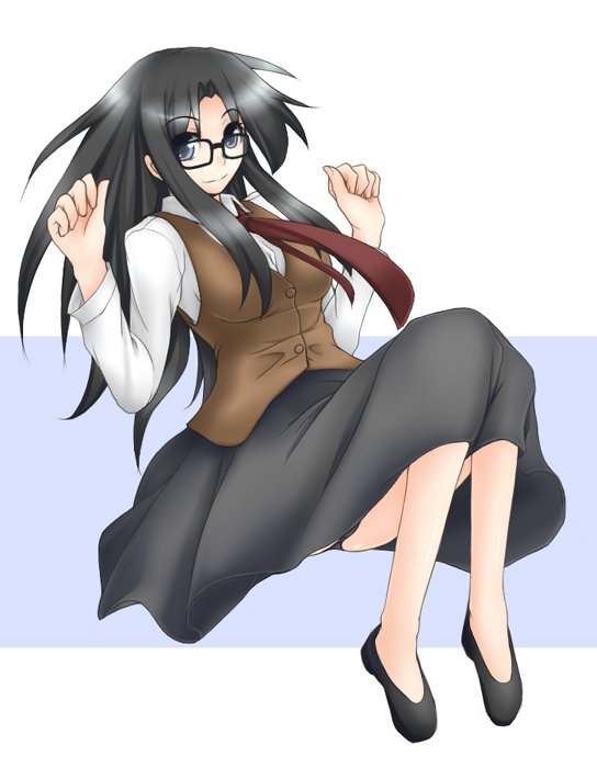 00s, 1girl, black-framed_eyewear, black_hair, black_skirt, blue_eyes, female_focus, glasses, long_skirt, long_sleeves, looking_at_viewer, messy_hair, mitsuki_(pixiv11671), mitsuki_(toriaezu), read_or_die, simple_background, skirt, solo, sweater_vest, white_background, yomiko_readman