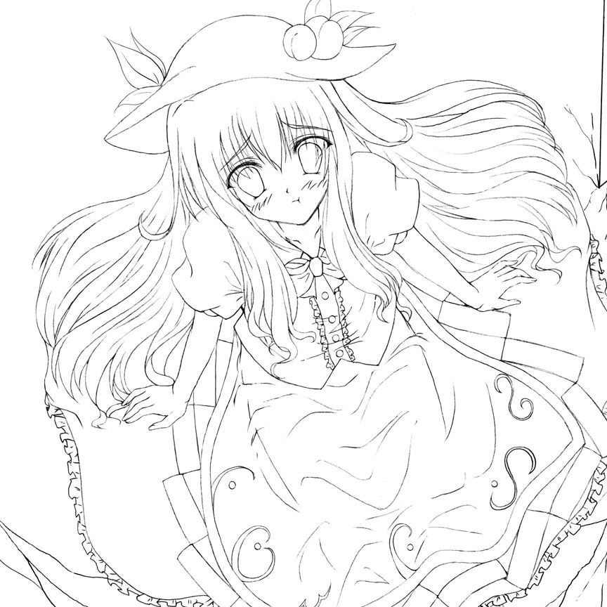 1girl, female_focus, greyscale, hat, hinanawi_tenshi, momo_at_ten, monochrome, solo