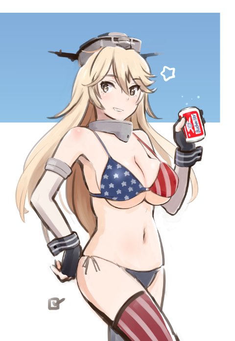 10s, 1girl, alcohol, american_flag, american_flag_bikini, american_flag_print, beer, beer_can, bikini, blonde_hair, breasts, budweiser, can, detached_sleeves, drink_can, female_focus, flag_print, flag_print_bikini, gloves, hasegawa_keita, iowa_(kancolle), kantai_collection, large_breasts, long_hair, print_bikini, product_placement, solo, swimsuit, thighhighs, yellow_eyes
