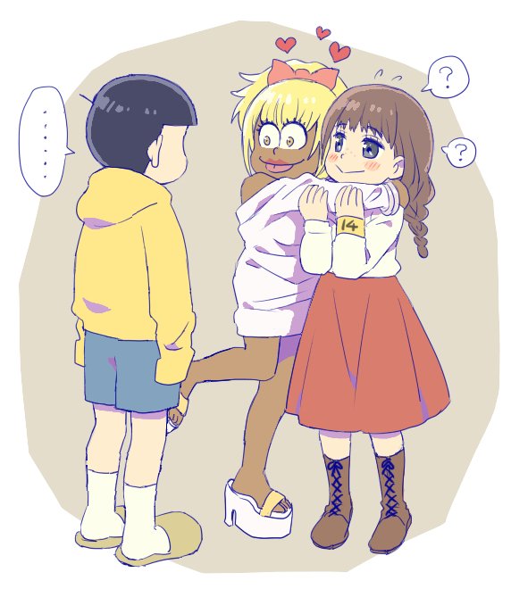 ..., 10s, 1boy, 2girls, ?, black_hair, blonde_hair, boots, bow, braid, brown_hair, dark_skin, dress, freckles, ganguro, gyaru, hair_bow, heart, hug, jyushiko_(osomatsu-san), jyushimatsu's_girlfriend, kabu_(bekka), lace-up_boots, lipstick, long_skirt, long_sleeves, makeup, matsuno_jyushimatsu, multiple_girls, osomatsu-kun, osomatsu-san, osomatsu_(series), red_lips, shorts, skirt, sleeves_past_wrists, slippers, socks, spoken_ellipsis, spoken_question_mark, sweater, sweater_dress, wristband