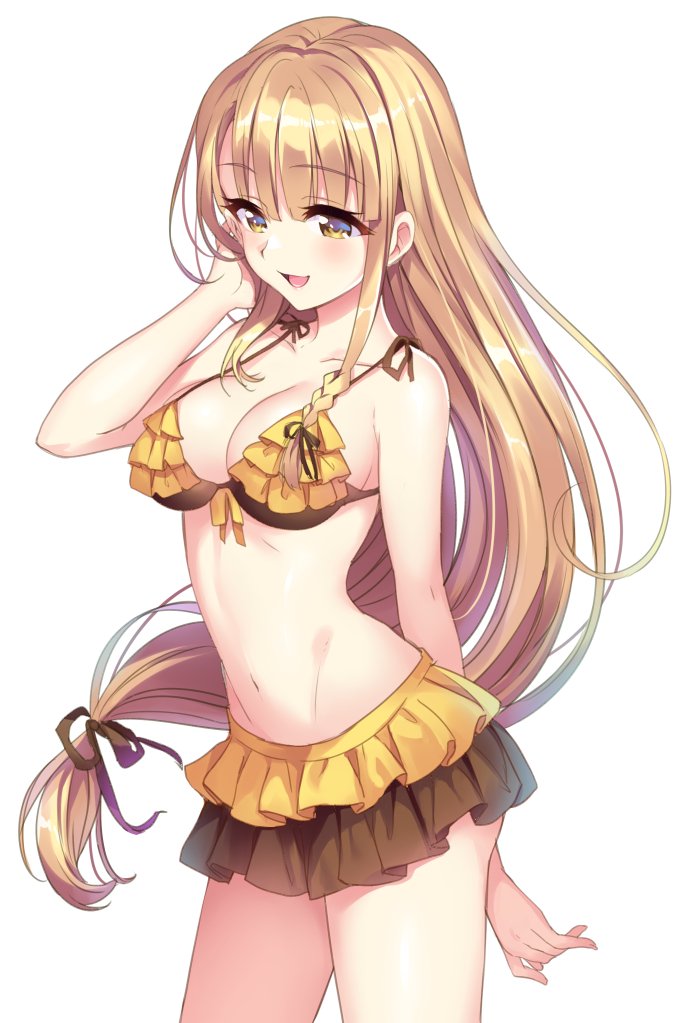 10s, 1girl, arm_up, bad_id, bad_twitter_id, bikini, blonde_hair, blunt_bangs