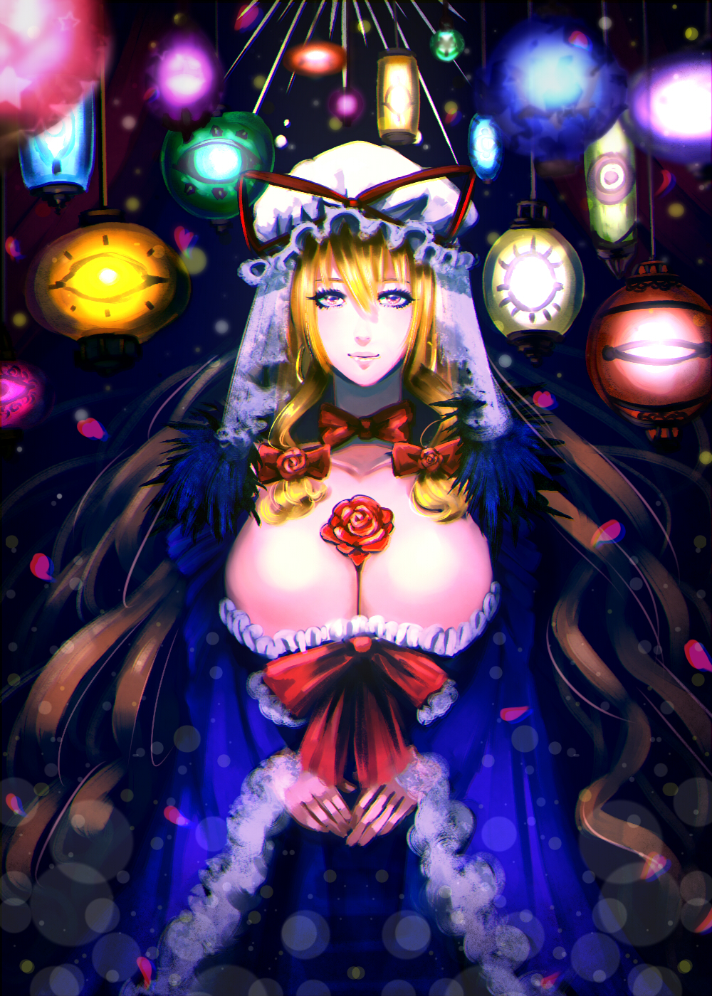 1girl, alternate_color, between_breasts, blonde_hair, blue_dress, blurry, bow, breasts