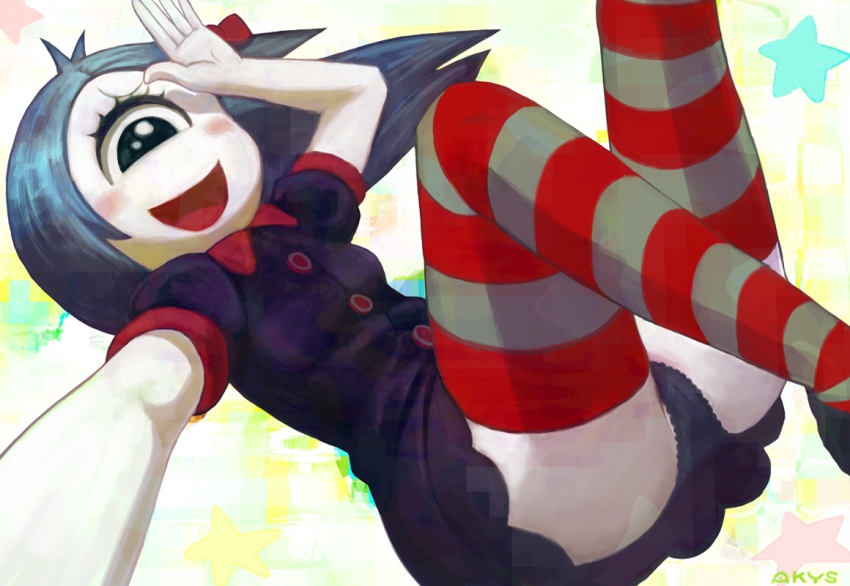 1girl, akkiyosu, akys, black_panties, blue_hair, cyclops, female_focus, iris_(ruby_gloom), lace, lace-trimmed_panties, lace_trim, monster_girl, one-eyed, panties, pantyshot, ruby_gloom, solo, striped_clothes, striped_thighhighs, thighhighs, underwear