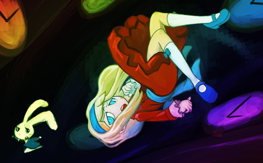 1girl, akkiyosu, akys, alice_(alice_in_wonderland), alice's_adventures_in_wonderland, blonde_hair, blue_eyes, clock