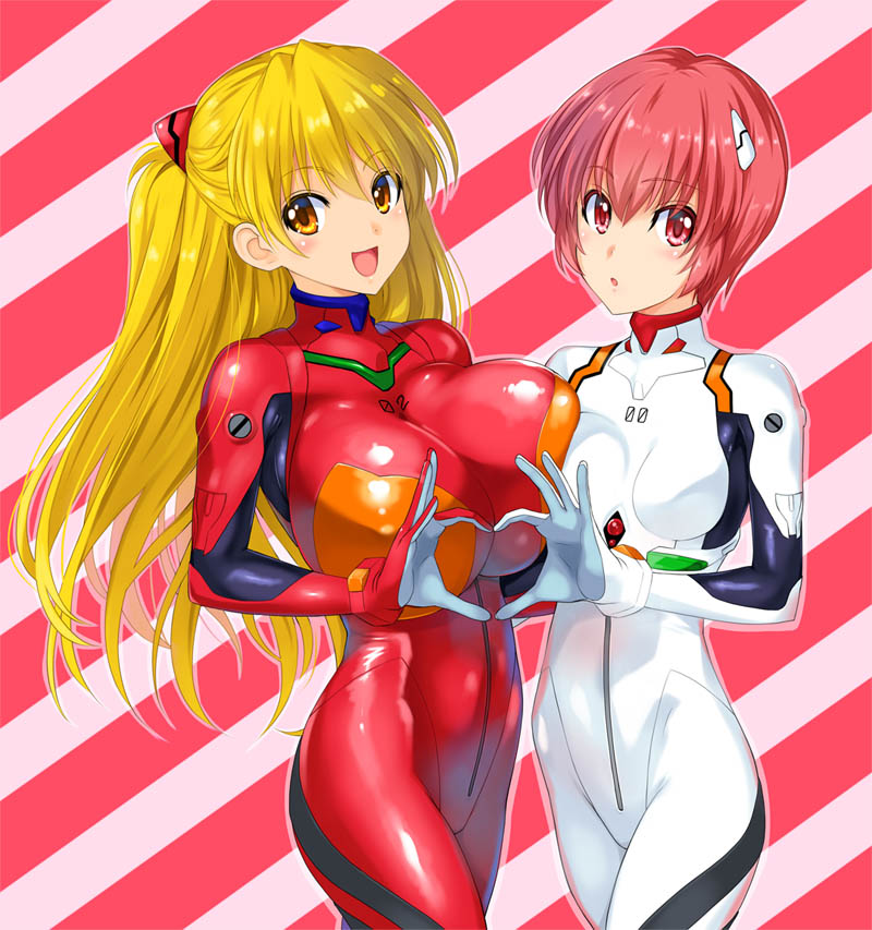 2girls, four-finger_heart_hands, ayanami_rei, ayanami_rei_(cosplay), blonde_hair, blush, bodysuit, bracer
