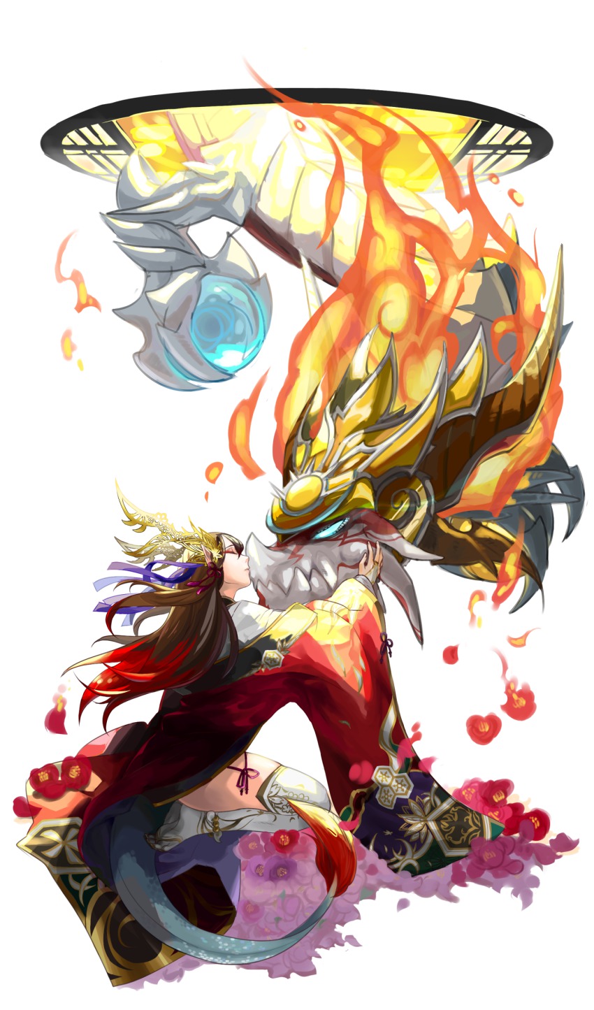 1girl, absurdres, anklet, bad_id, bad_pixiv_id, bridal_gauntlets, brown_hair, dragon