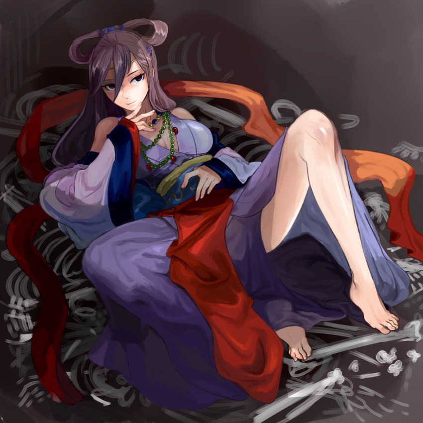 1girl, bad_id, bad_pixiv_id, barefoot, breasts, brown_hair, feet, female_focus, highres, izanami_(p&amp;d), japanese_clothes, jewelry, kachina, kimono, lying, necklace, on_back, purple_eyes, puzzle_&amp;_dragons, solo, spread_legs