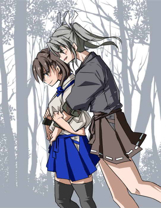 10s, 2girls, gmgt_(gggggg3), hair_ribbon, hug, hug_from_behind, japanese_clothes, kaga_(kancolle)