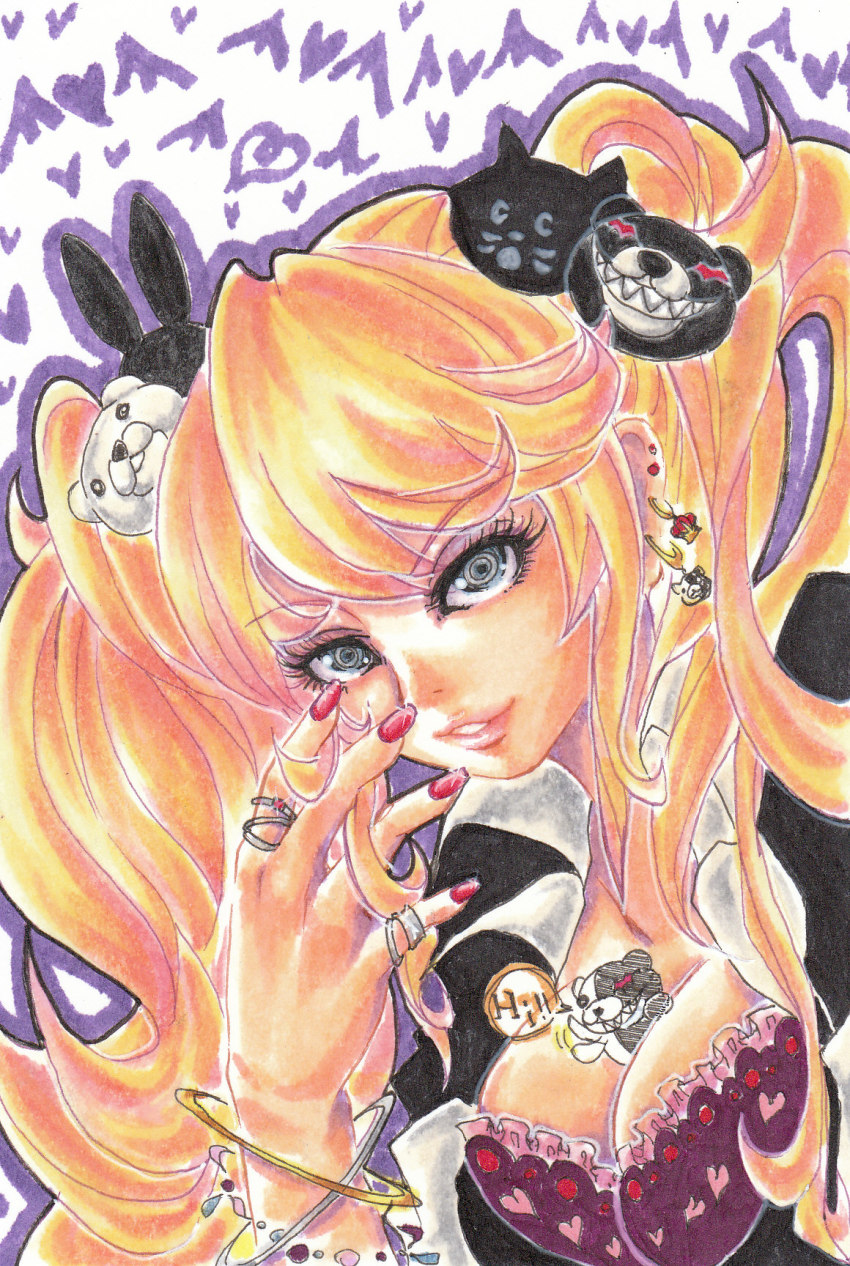 10s, 1girl, between_breasts, bra, bracelet, breasts, cleavage, collarbone, crown, danganronpa:_trigger_happy_havoc, danganronpa_(series), earrings, enoshima_junko, female_focus, fingernails, hair_ornament, highres, ichima, jewelry, lips, long_fingernails, long_hair, looking_at_viewer, marker_(medium), medium_breasts, monokuma, nail_polish, open_mouth, parted_lips, red_nails, ring, school_uniform, simple_background, smile, solo, spoilers, traditional_media, twintails, underwear