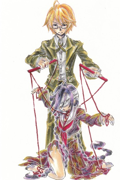 10s, 1boy, 1girl, ahoge, bandages, barefoot, blindfold, blonde_hair