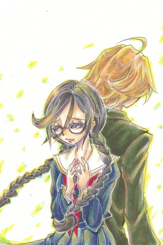 10s, 1boy, 1girl, blonde_hair, braid, brown_hair, danganronpa_(series), danganronpa:_trigger_happy_havoc