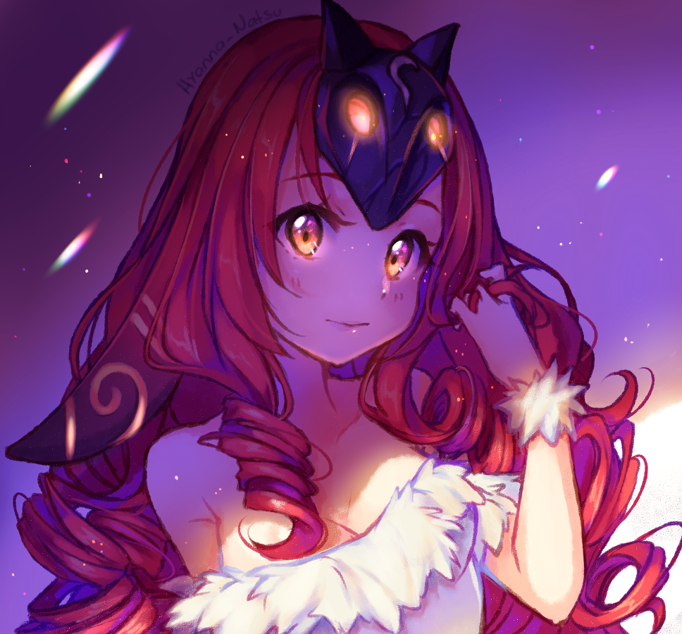 1girl, arm_at_side, artist_name, bare_shoulders, blush, borrowed_character, breasts, cleavage, closed_mouth, collarbone, commission, cosplay, curly_hair, dress, feather_trim, female_focus, fur_(clothing), glowing, glowing_eyes, hand_in_own_hair, hand_up, headpiece, hyanna-natsu, kindred_(cosplay), kindred_(league_of_legends), lamb_(league_of_legends), league_of_legends, lips, long_hair, looking_at_viewer, medium_breasts, orange_hair, original, plaid, red_hair, shade, sidelocks, smile, solo, strapless, strapless_dress, sunlight, sweatband, upper_body, very_long_hair