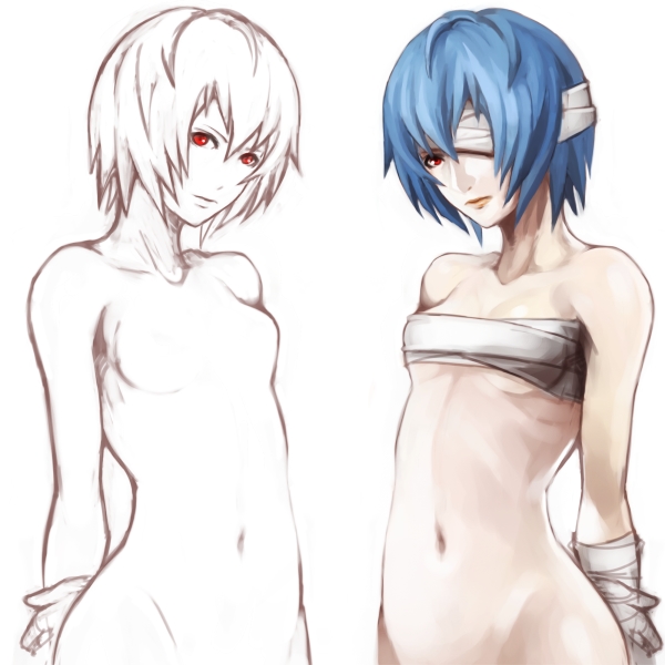 2girls, ayanami_rei, bandaged_arm, bandages, bare_shoulders, blue_hair, eyepatch, female_focus