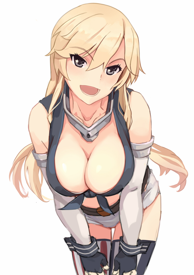 10s, 1girl, asymmetrical_legwear, bare_shoulders, belt, bent_over, black_thighhighs, blonde_hair