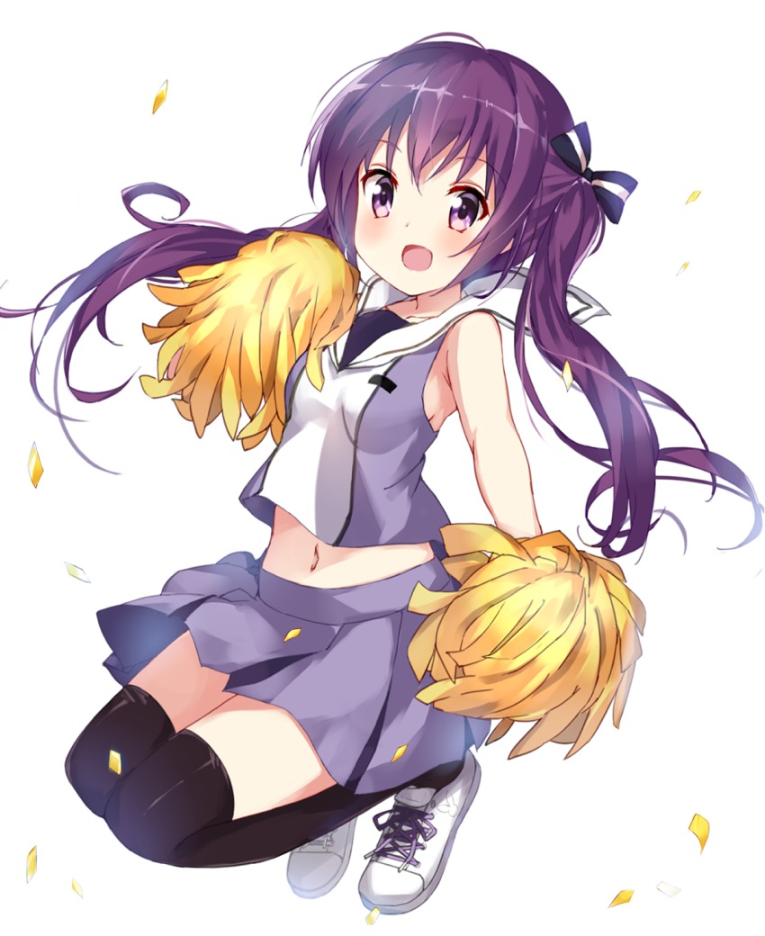 1girl, black_thighhighs, blush, cheerleader, crop_top, female_focus, gochuumon_wa_usagi_desu_ka?, hair_ribbon