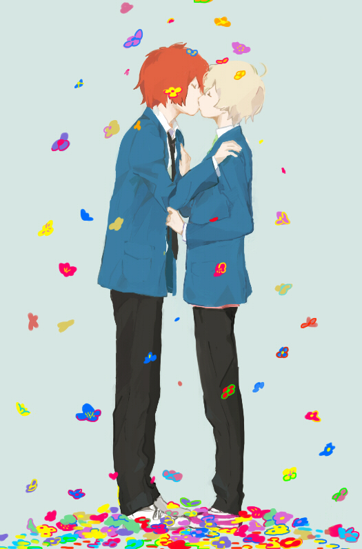 10s, 2boys, ahoge, bandoutan, blonde_hair, child, flower, grey_background