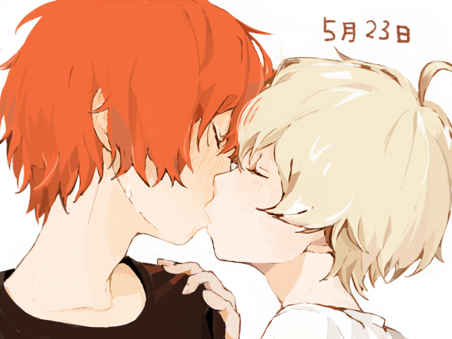 10s, 2boys, ahoge, bandoutan, blonde_hair, blush, child, closed_eyes