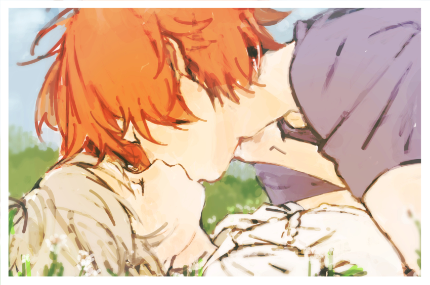 10s, 2boys, bandoutan, blonde_hair, child, grass, haru_(tsuritama), kiss, male_focus, multiple_boys, outdoors, red_hair, sanada_yuki, short_hair, tsuritama, yaoi