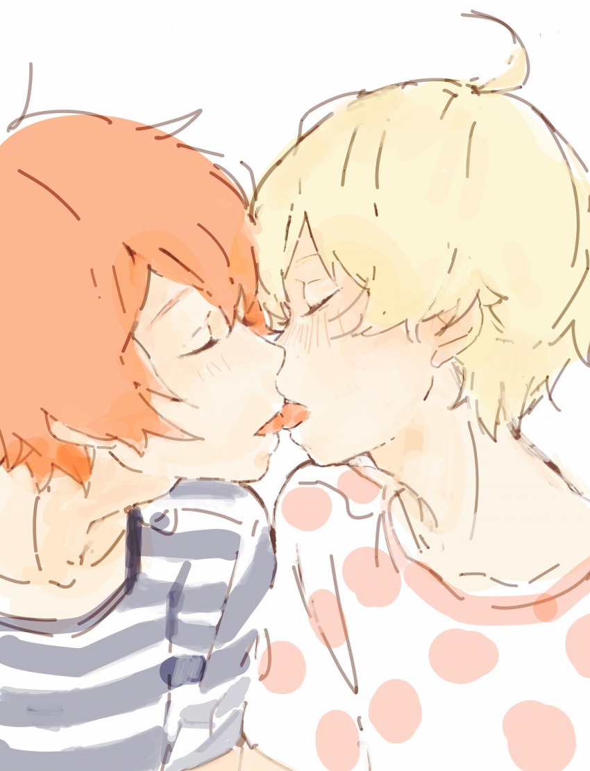 10s, 2boys, ahoge, bandoutan, blonde_hair, blush, child, haru_(tsuritama), highres, kiss, male_focus, multiple_boys, red_hair, sanada_yuki, short_hair, simple_background, sketch, tsuritama, white_background, yaoi