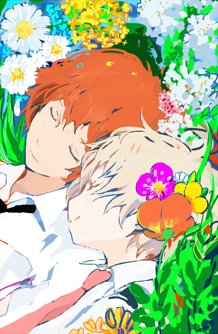 10s, 2boys, ahoge, bandoutan, blonde_hair, child, closed_eyes, flower