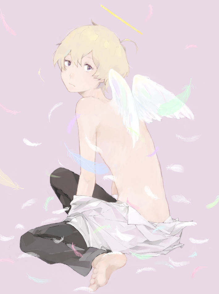10s, 1boy, ahoge, angel, angel_wings, bandoutan, barefoot, blonde_hair