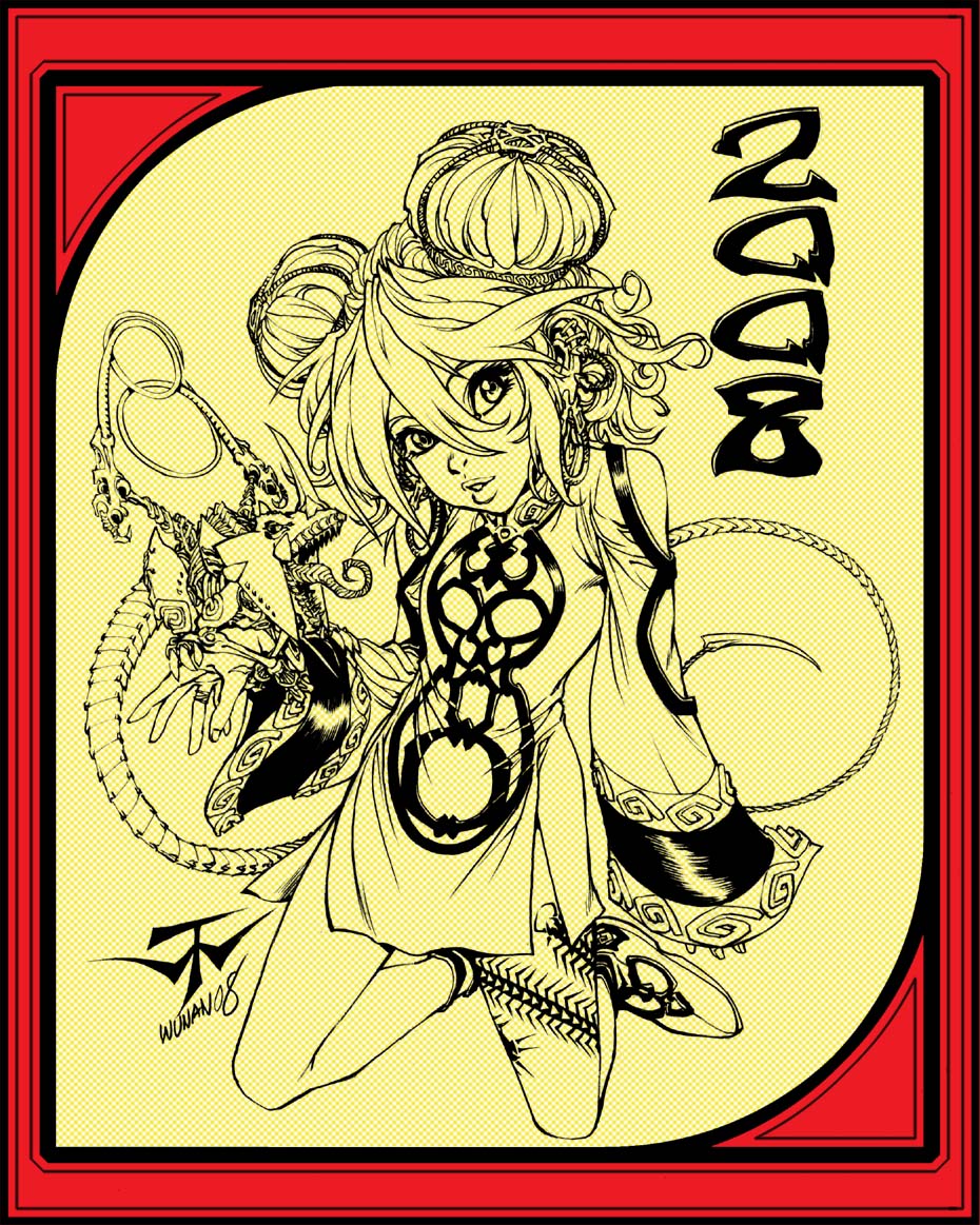 00s, 1girl, 2008, batangbatugan, china_dress, chinese_clothes, chinese_new_year, chinese_zodiac, double_bun, dress, female_focus, full_body, hair_between_eyes, hair_bun, kneeling, looking_at_viewer, monochrome, original, sepia, solo, tattoo, wilson_tortosa, year_of_the_rat