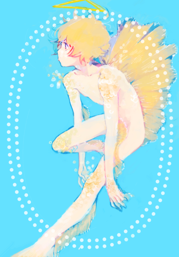 10s, 1boy, bandoutan, barefoot, blonde_hair, child, fins, fish