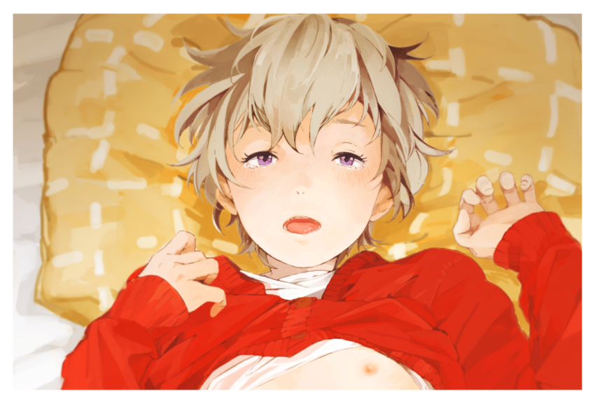 10s, 1boy, aqua_eyes, bandoutan, bed, blonde_hair, blush, clothes_lift, haru_(tsuritama), looking_at_viewer, lying, male_focus, nipples, pillow, purple_eyes, shirt, shirt_lift, short_hair, shota, solo, sweater, tears, tsuritama