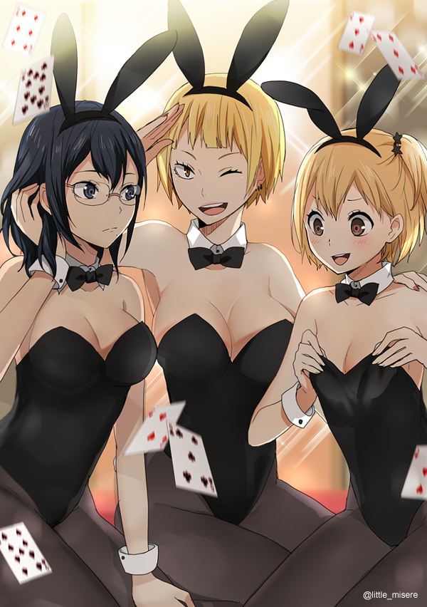 10s, 3girls, :d, ;d, adjusting_clothes, adjusting_leotard, animal_ears, bare_shoulders, black_eyes, black_hair, black_legwear, blonde_hair, blush, bow, bowtie, breast_envy, breasts, brown_eyes, card, cleavage, detached_collar, earrings, fake_animal_ears, glasses, haikyuu!!, hand_in_own_hair, jewelry, kneeling, kurot, large_breasts, leotard, mole, multiple_girls, one_eye_closed, open_mouth, pantyhose, playboy_bunny, playing_card, rabbit_ears, salute, shimizu_kiyoko, short_hair, side_ponytail, sleeveless, small_breasts, smile, tanaka_saeko_(haikyuu!!), wink, wrist_cuffs, yachi_hitoka