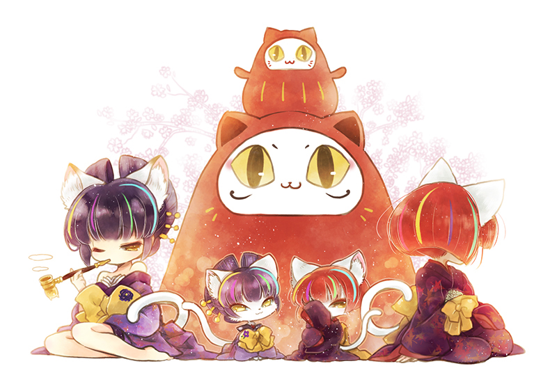 10s, 2girls, :3, animal_ears, animalization, bare_shoulders, barefoot, biyon, blunt_bangs, bob_cut, bow, breasts, cat, cat_ears, cat_tail, cherry_blossoms, cleavage, covering_one_eye, darudayu_(myumon)_(show_by_rock!!), darudayu_(show_by_rock!!), daruma_doll, floral_print, flower, furry, furry_female, hair_ornament, hand_over_face, holding, holding_smoking_pipe, japanese_clothes, kimono, kiseru, leaf, leaf_print, long_hair, long_sleeves, looking_away, maple_leaf, mouth_hold, multicolored_hair, multiple_girls, multiple_persona, off_shoulder, oiran, one_eye_closed, one_eye_covered, personification, print_kimono, purple_hair, red_hair, short_hair, show_by_rock!!, sitting, sleeves_past_wrists, smoking, smoking_pipe, streaked_hair, tail, wide_sleeves, yellow_eyes, yokozuwari