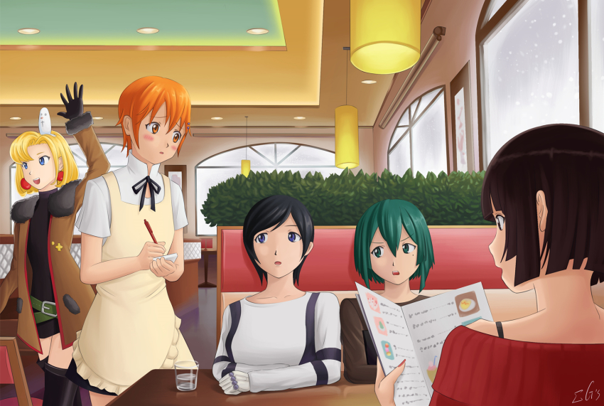 5girls, apron, black_hair, blonde_hair, blue_eyes, character_request, crossover, earrings, ezekiel_(junketsu_no_maria)_(bird), gauna_491, green_eyes, green_hair, highres, hoshijiro_shizuka, inami_mahiru, jewelry, junketsu_no_maria, maria_(junketsu_no_maria), midorikawa_yuhata, mole, mole_under_eye, multiple_crossover, multiple_girls, shinatose_izana, sidonia_no_kishi, sorandia, thighhighs, working!!