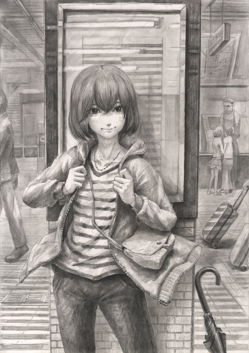 2boys, 3girls, :>, bag, blurry, child, closed_umbrella, commentary