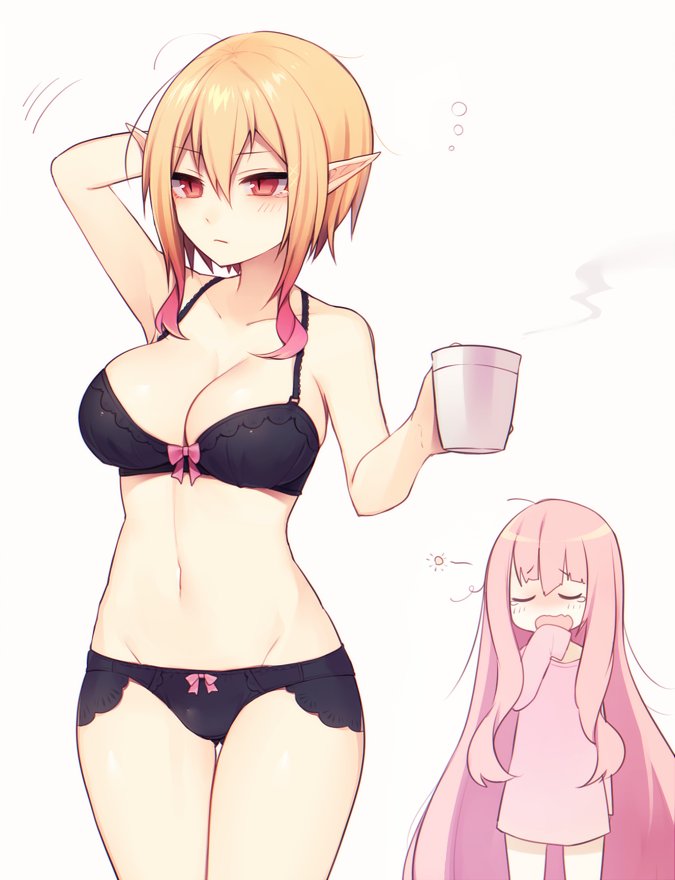 2girls, arm_behind_head, aurora_(pso2), bad_id, bad_twitter_id, black_bra, black_panties, blonde_hair