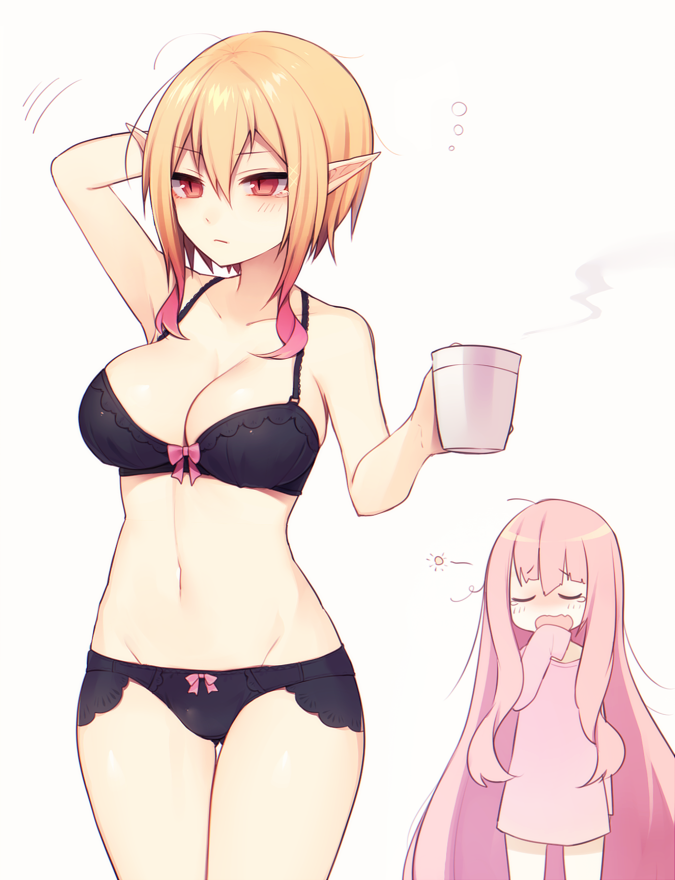 2girls, arm_behind_head, aurora_(pso2), bad_id, bad_pixiv_id, black_bra, black_panties, blonde_hair