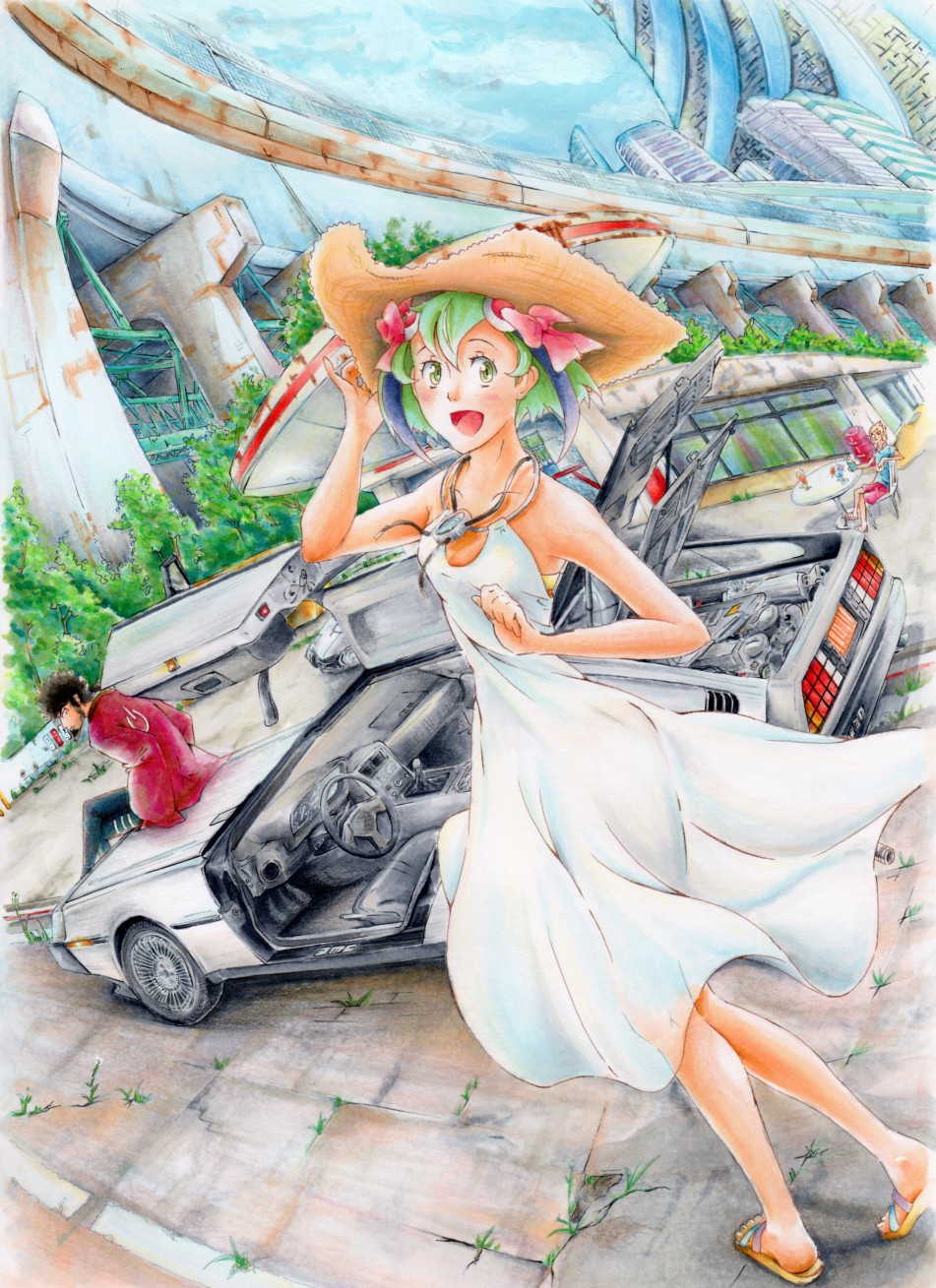 10s, 1girl, 2boys, albert_schumann, android, bare_arms, bare_shoulders, beard, black_hair, blonde_hair, blue_shirt, blue_sky, blush, building, cable, cable_tail, car, cloud, collarbone, day, delorean, dimension_w, dress, drinking_straw, facial_hair, feet, full_body, glass, green_eyes, green_hair, gull-wing_doors, hair_ribbon, hand_on_headwear, happy, hat, headgear, highres, io_(380381), jacket, looking_at_viewer, looking_back, mabuchi_kyoma, mechanical_tail, motor_vehicle, multicolored_hair, multiple_boys, no_socks, open_mouth, outdoors, pink_ribbon, pink_shorts, ribbon, rust, shirt, short_hair, shorts, sideburns, sitting, sitting_on_object, sky, skyscraper, sleeveless, sleeveless_dress, slippers, standing, streaked_hair, table, tail, toes, two-tone_hair, under_bridge, weeds, white_dress, yurizaki_mira