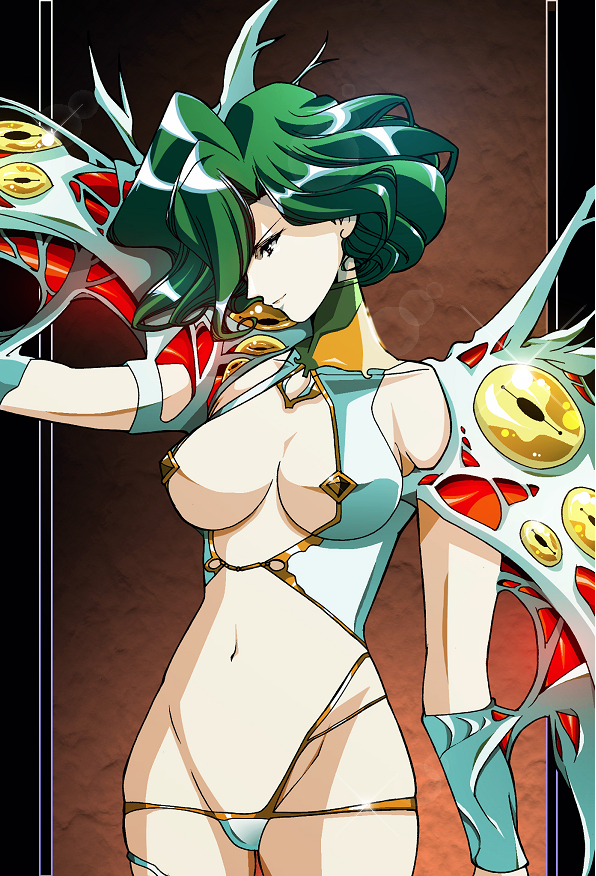 1girl, breasts, brown_background, cleavage_cutout, clothing_cutout, cowboy_shot, female_focus, ferakia_(langrisser)