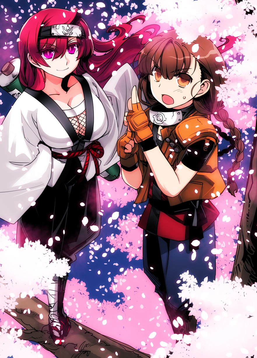 10s, 2girls, braid, breasts, brown_eyes, brown_hair, cherry_blossoms, cleavage
