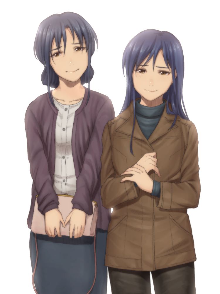 2girls, bag, blue_hair, blush, brown_eyes, chiaki_rakutarou, handbag, idolmaster