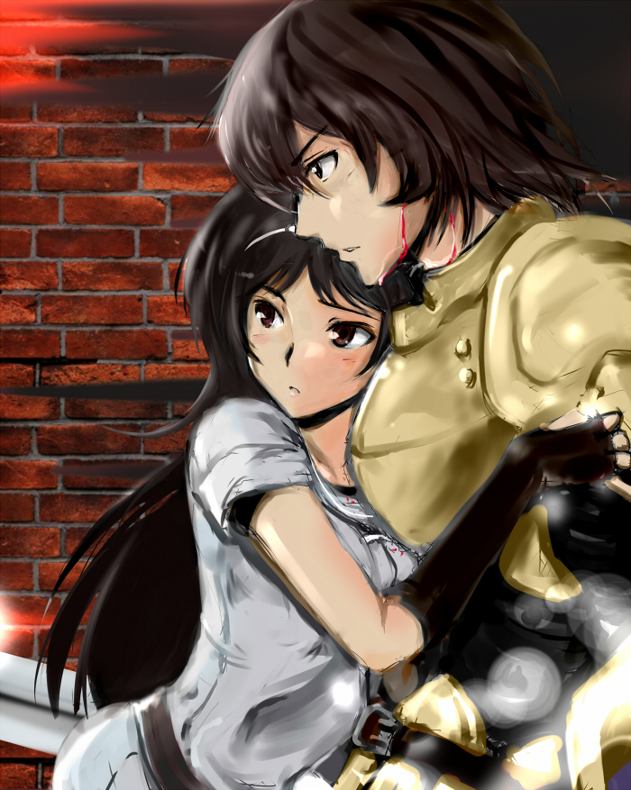 1boy, 1girl, armor, babylonian_castle_saga, bandai_namco, black_hair, blood, blush