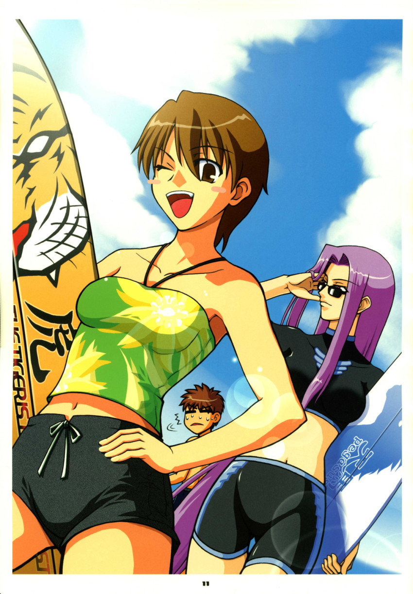 00s, 1boy, 2girls, brown_hair, cloud, day, emiya_shirou, fate/stay_night, fate_(series), fujimura_taiga, highres, long_hair, medusa_(fate), medusa_(rider)_(fate), midriff, multiple_girls, namonashi, navel, non-web_source, one_eye_closed, outdoors, purple_hair, rubbish_selecting_squad, sky, sunglasses, surfboard, wink